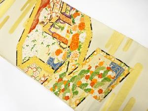 アンティーク　屏風に御所車・草花模様織出し袋帯（材料）